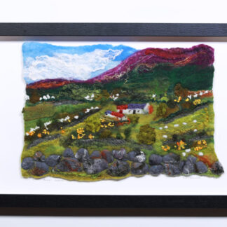 Wool Painting of Irish Landscape with stone ditches and an old cottage