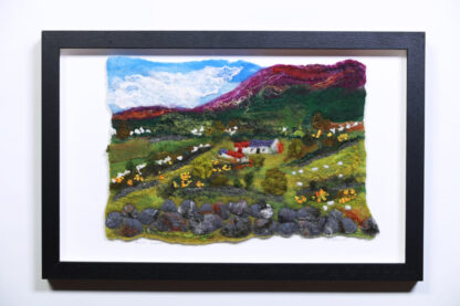 Wool Painting of Irish Landscape with stone ditches and an old cottage